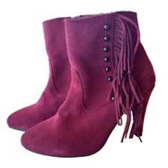 Catherine Malandrino Suede Fringe Studded Sexy Boots Burgundy Size 6.5 Festival - Picture 1 of 5